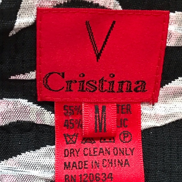 V Cristina Black Silver Metallic Floral Print Double Breasted 3/4th Sleeves SZ M - Picture 12 of 15